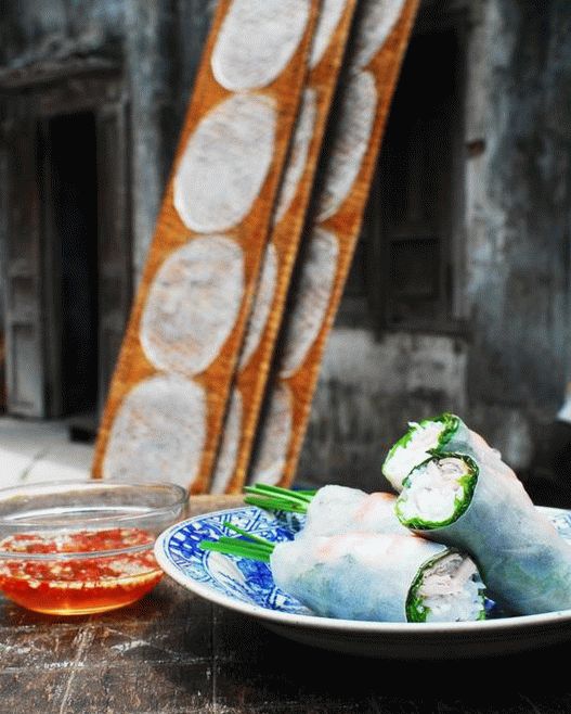 Vietnamesische Brötchen mit Garnelen und Schweinefleisch (Goy-Kuon) und Fischdip