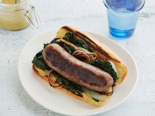 Foto Hot Dog mit Bratwurst und Grünkohl