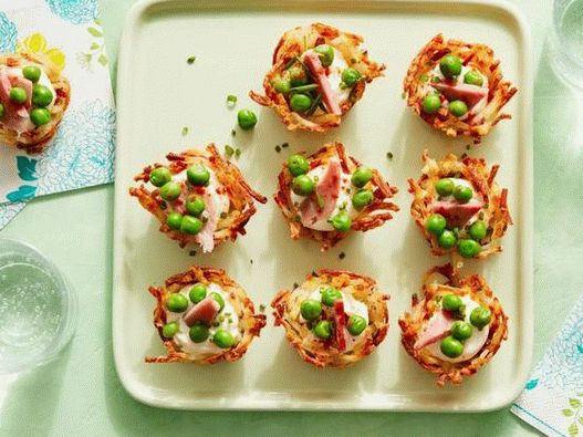 Foto Kartoffelnester mit Erbsen, Schinken und Frischkäse