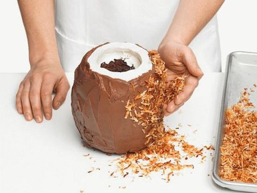 Eine Handvoll gebratene Kokosflocken zum Zuckerguss pressen